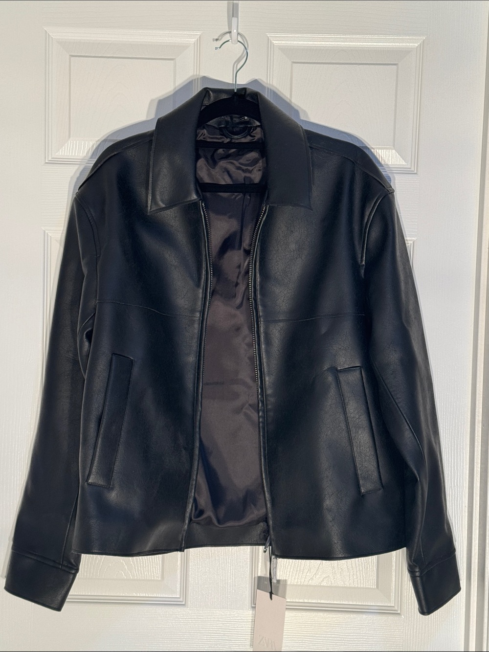 Zara Black Leather Bomber Jacket